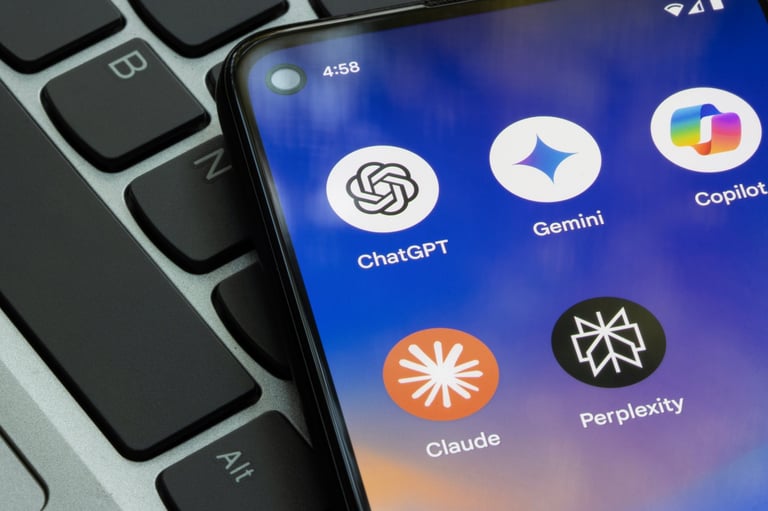 AI search apps on smartphone showing ChatGPT Perplexity Gemini