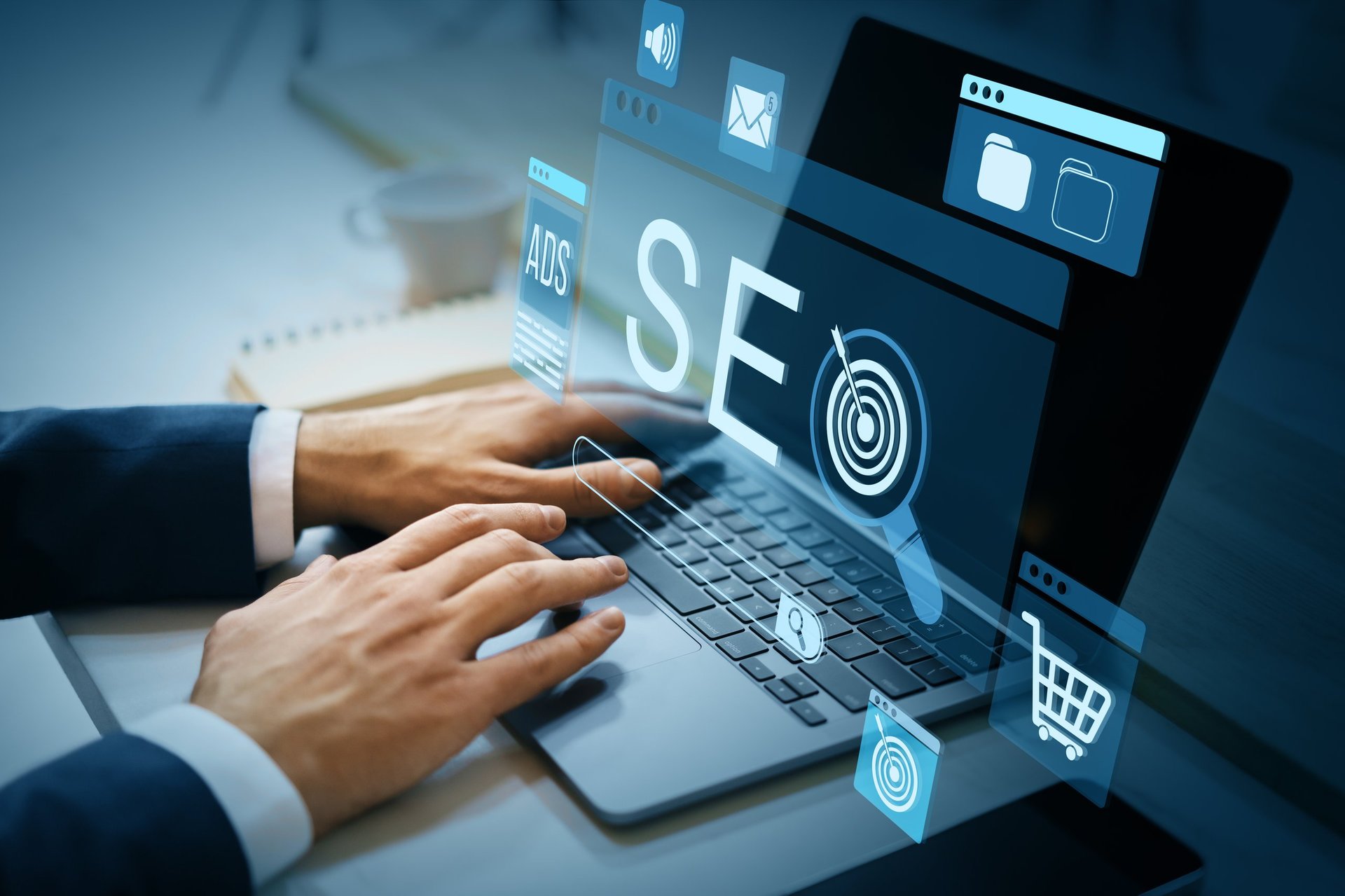 Businessperson typing on laptop with SEO icons