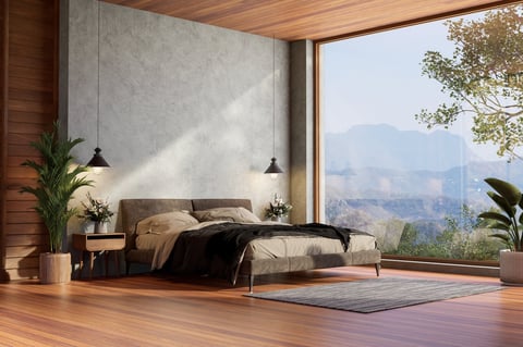 Modern loft style bedroom with mountain view