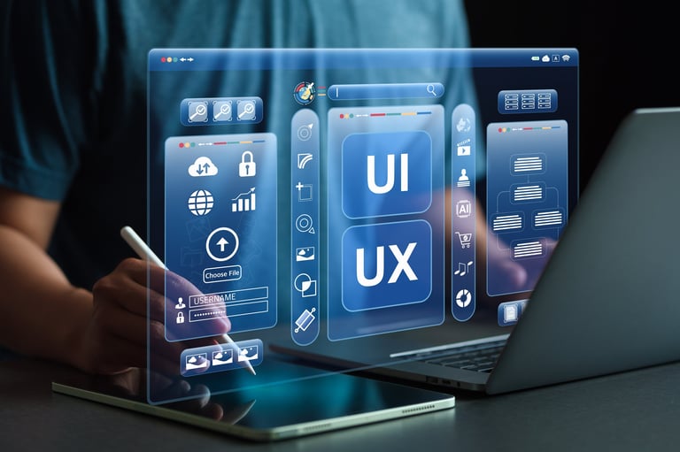 UI/UX Design and Development Concepts with code and data displays