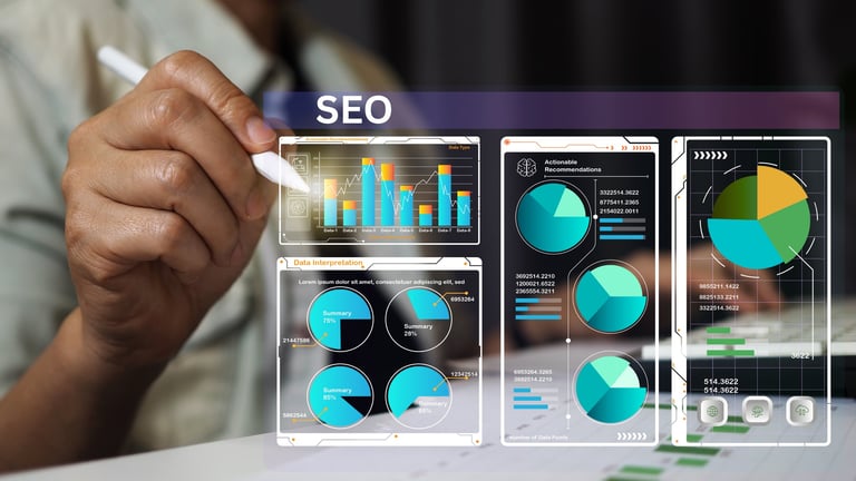 SEO specialist analyzing search engine optimization dashboard with performance charts
