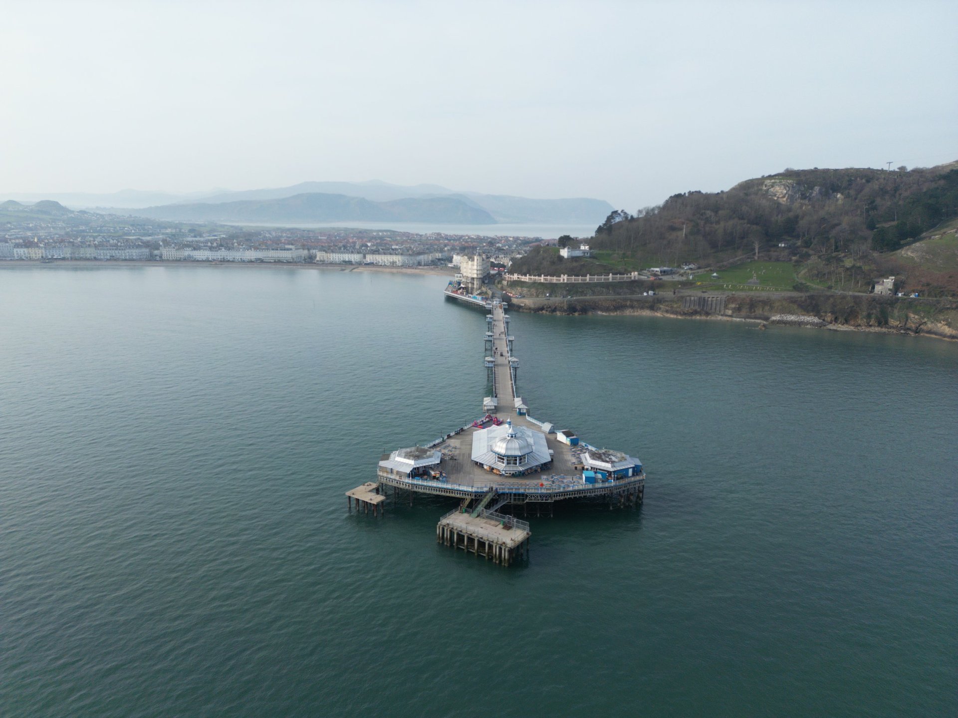 Aerial view of Llandudno Pier with North Wales coastline