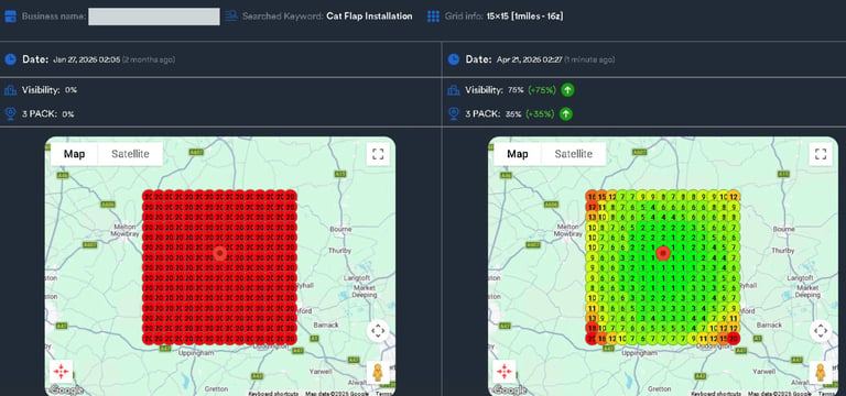 Side-by-side heatmaps showing data progression from red to green overlay on a geographic map with grid points