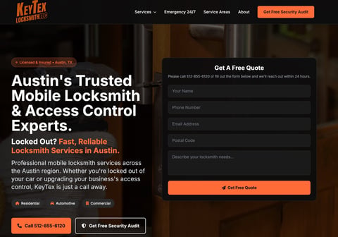KeyTex Locksmith website featuring Austin mobile locksmith services with quote form and emergency contact information