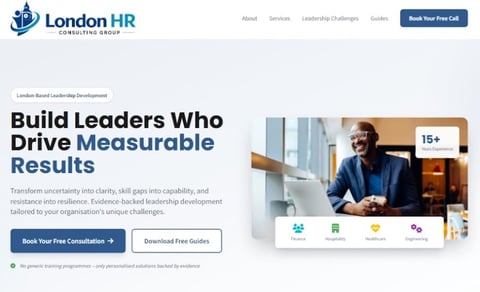 London HR Consulting Group website header with leadership development message and call-to-action buttons