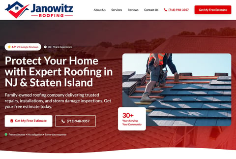 Janowitz Roofing website header showing two workers installing blue roof panels with company details and contact information