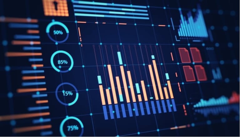 Digital dashboard displaying colorful data analytics charts with bar graphs, percentage circles, and real-time statistics on a dark blue background