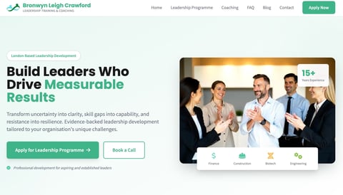Brownyn Leigh Crawford leadership website showing diverse professionals in business attire discussing strategy with 15+ years experience badge