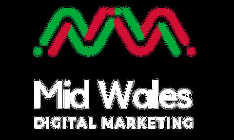 Mid Wales Digital Marketing logo with green and red wavy line design above white text on black background