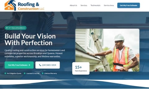 Roofing and construction company website header with worker in safety gear and hard hat on right side