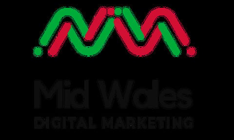 Mid Wales Digital Marketing logo with red and green wavy lines design