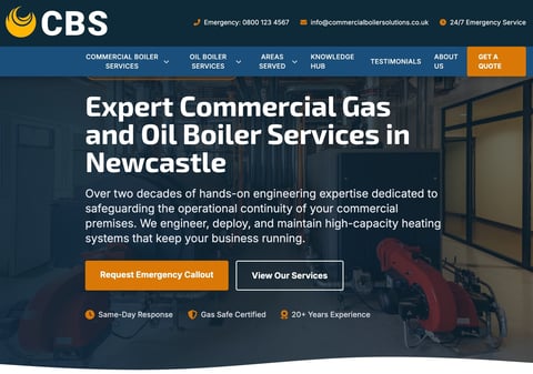 CBS commercial boiler services website header showcasing expert gas and oil boiler services in Newcastle with red industrial equipment